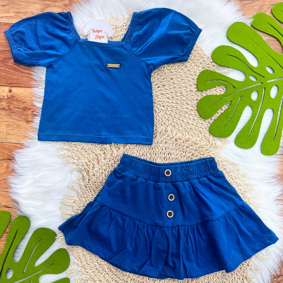 Conj. Blusa Ombro-a-Ombro e Saia com Botões - Azul Jeans
